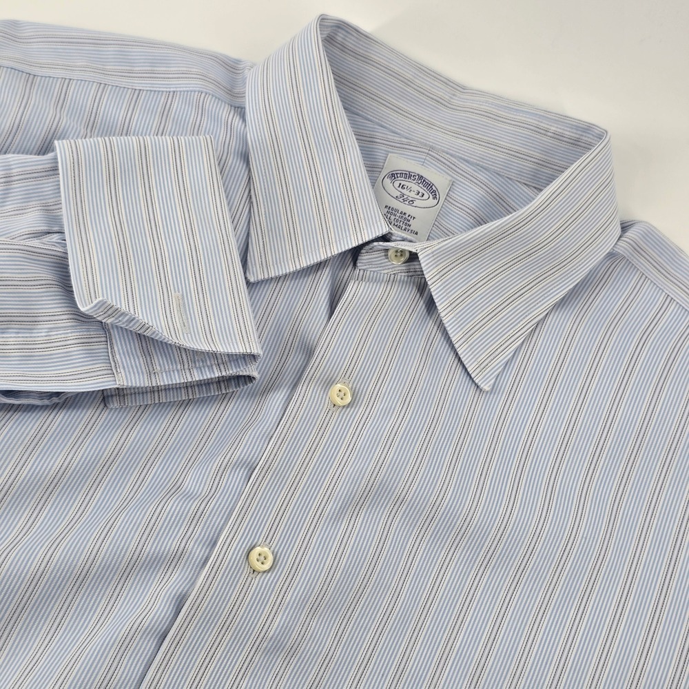 Brooks Brothers 346 Dress Shirt Mens 16.5-33 Blue Striped Non-Iron Regular Fit